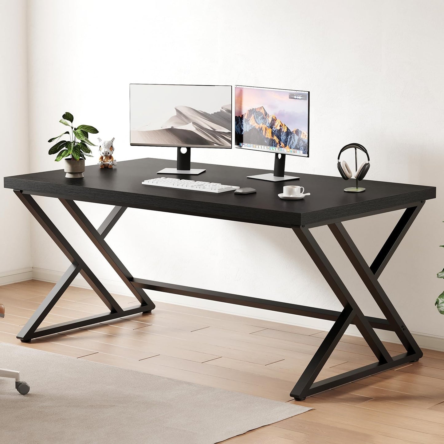 47 Inch Black Oak Metal Wood Computer Desk - Modern Home Office Furniture1