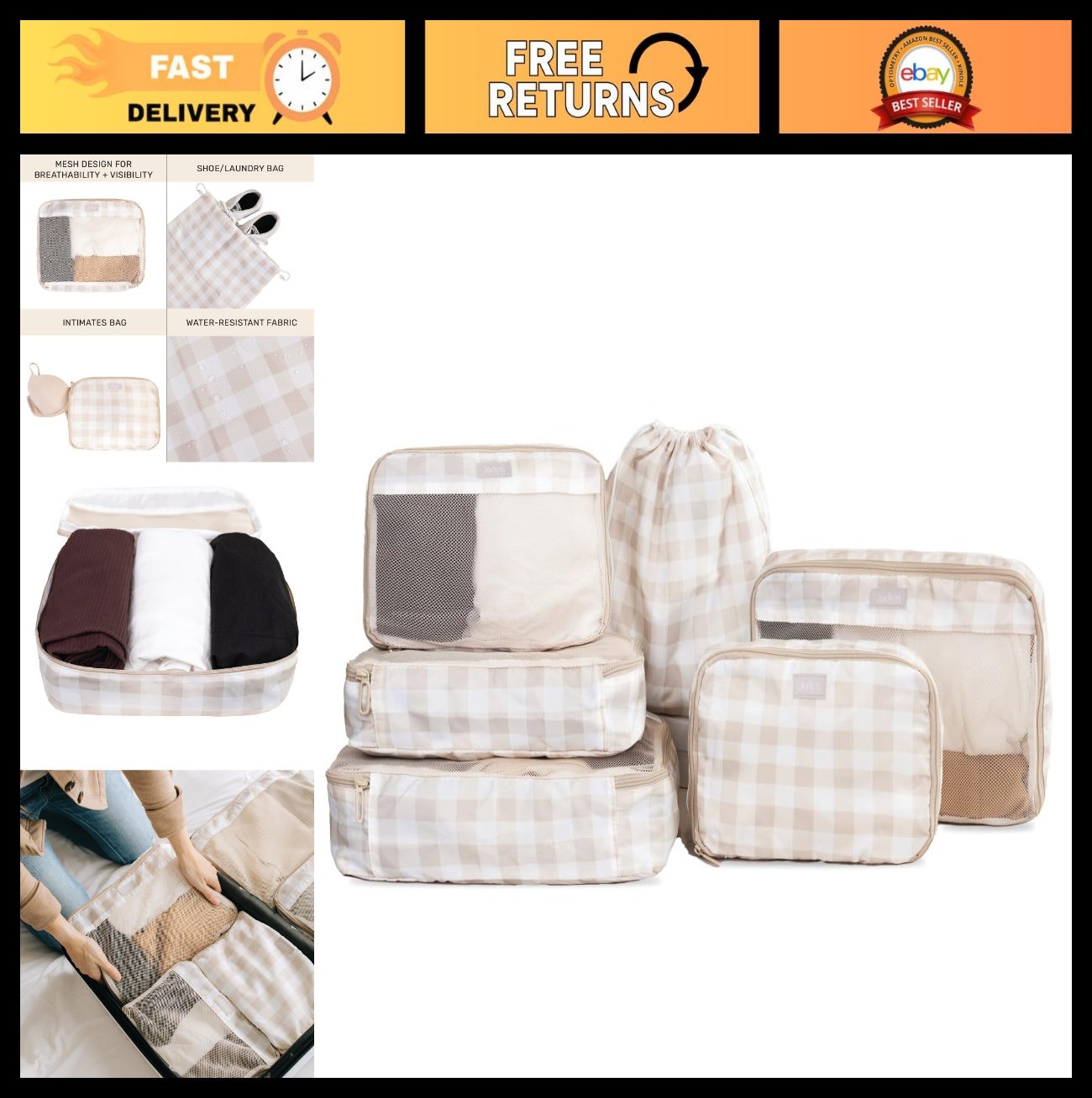 6-Piece Packing Cubes Set for Travel - Large Organizer for Suitcase & Luggage, B0