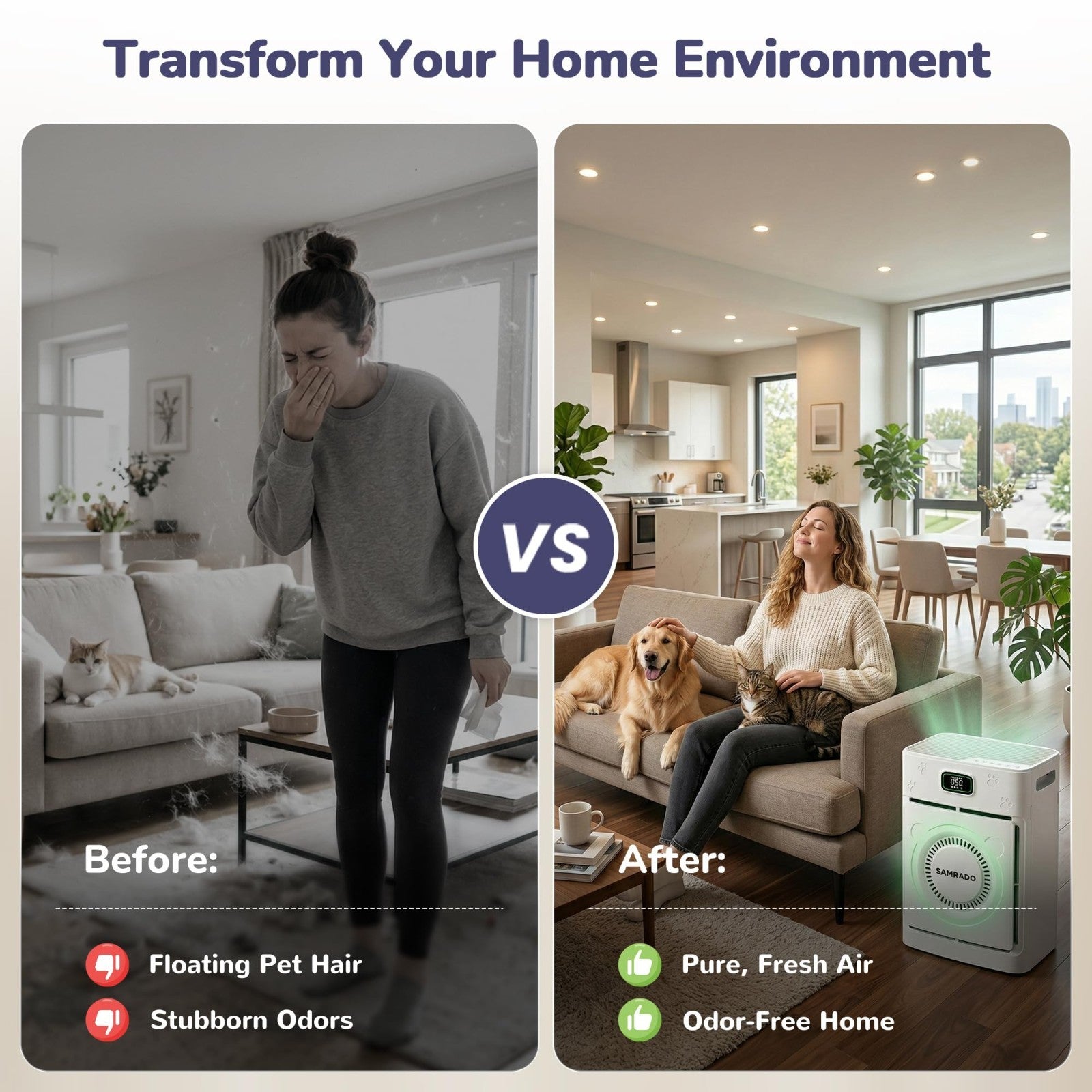 Pet Air Purifier for Home, H13 HEPA Filter, 2500 Sq Ft, Smart App Control, Washa7
