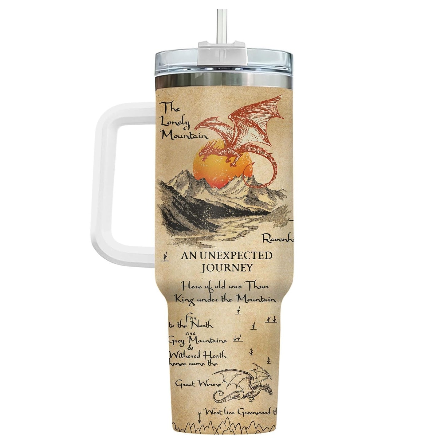 Fantasy Dragon Mountain Tumbler 40oz with Handle & Straw   Insulated Travel Mug3