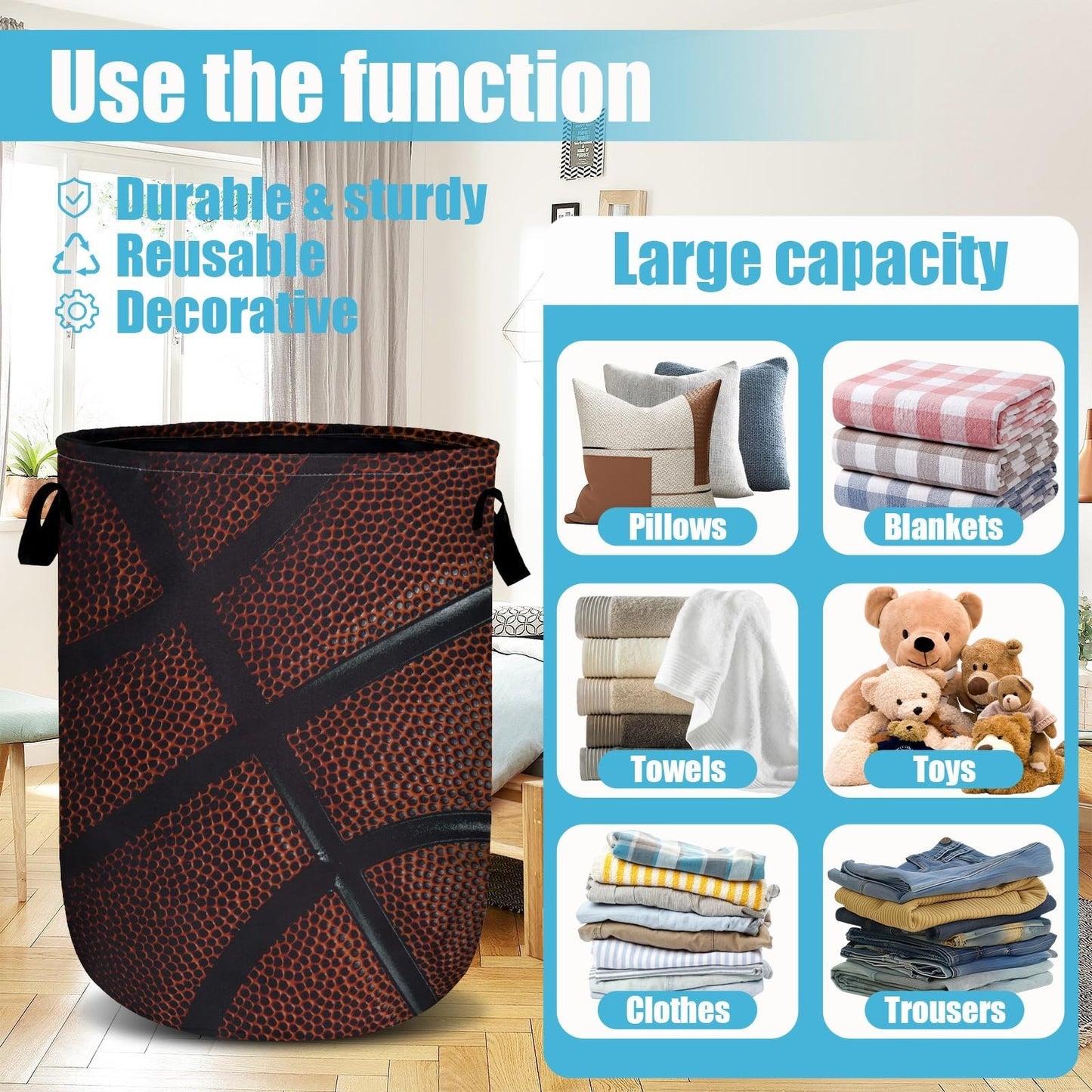 Collapsible Basketball Texture Laundry Hamper, Oxford Cloth Storage Bin 15.7"x202