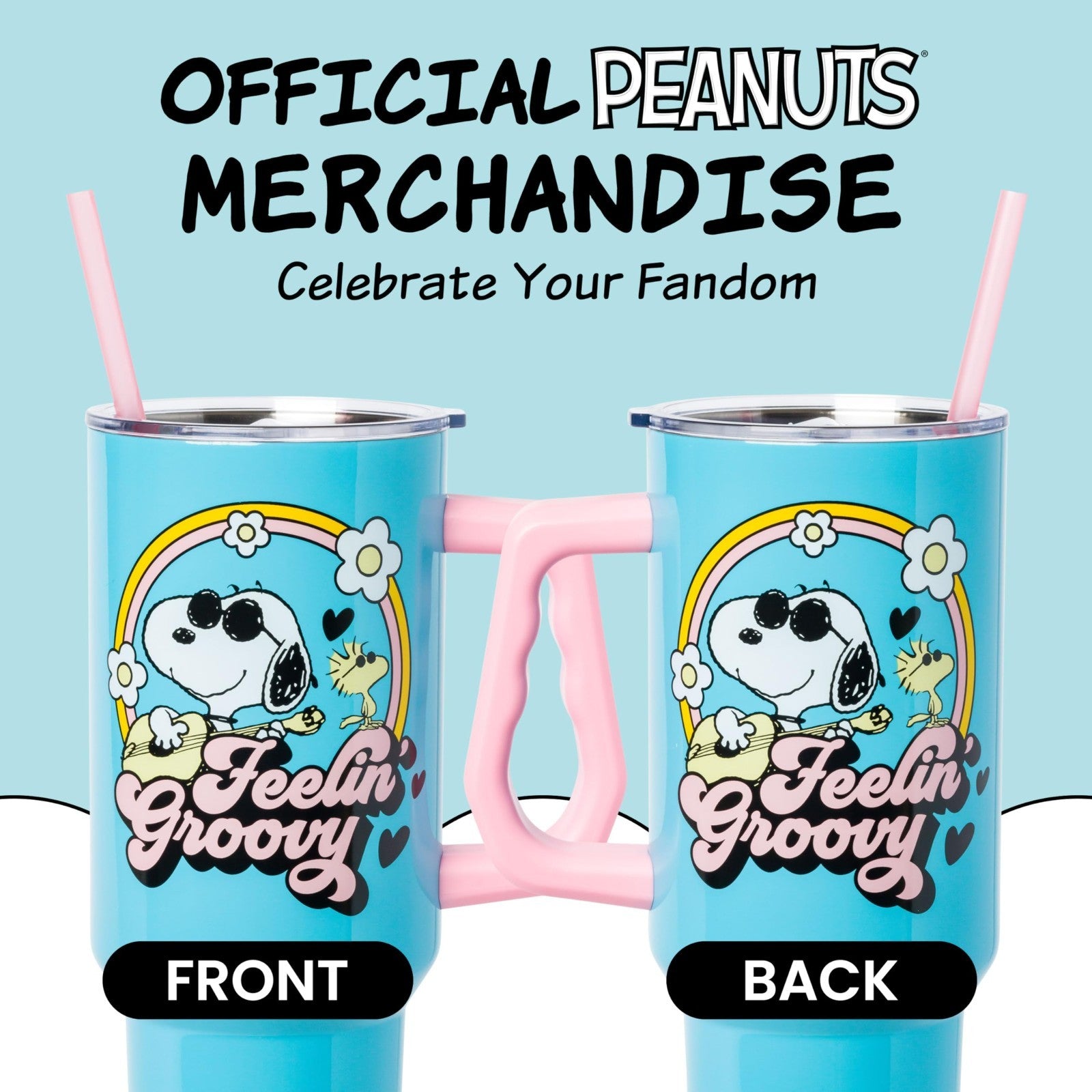 40oz Double Walled Stainless Steel Tumbler with Handle & Straw   Snoopy & Woodst4