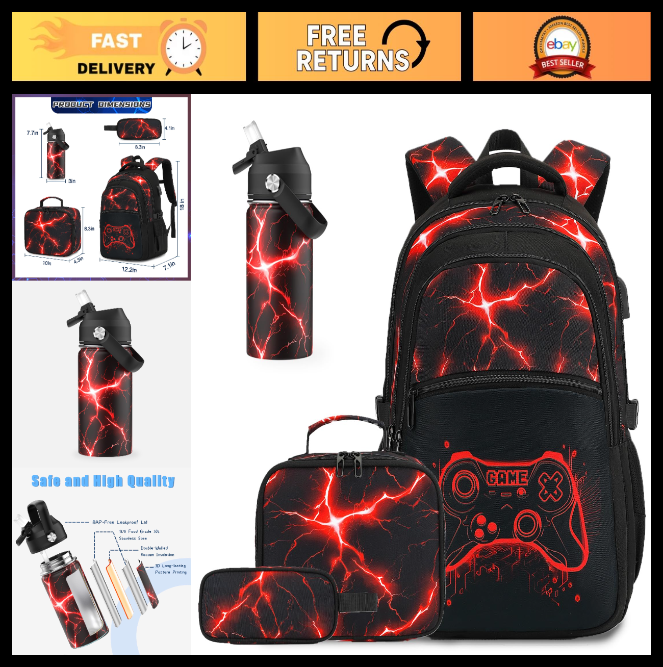 Cool Luminous Gamer Backpack Set for Boys   6PCS with Insulated Water Bottle, Lu0