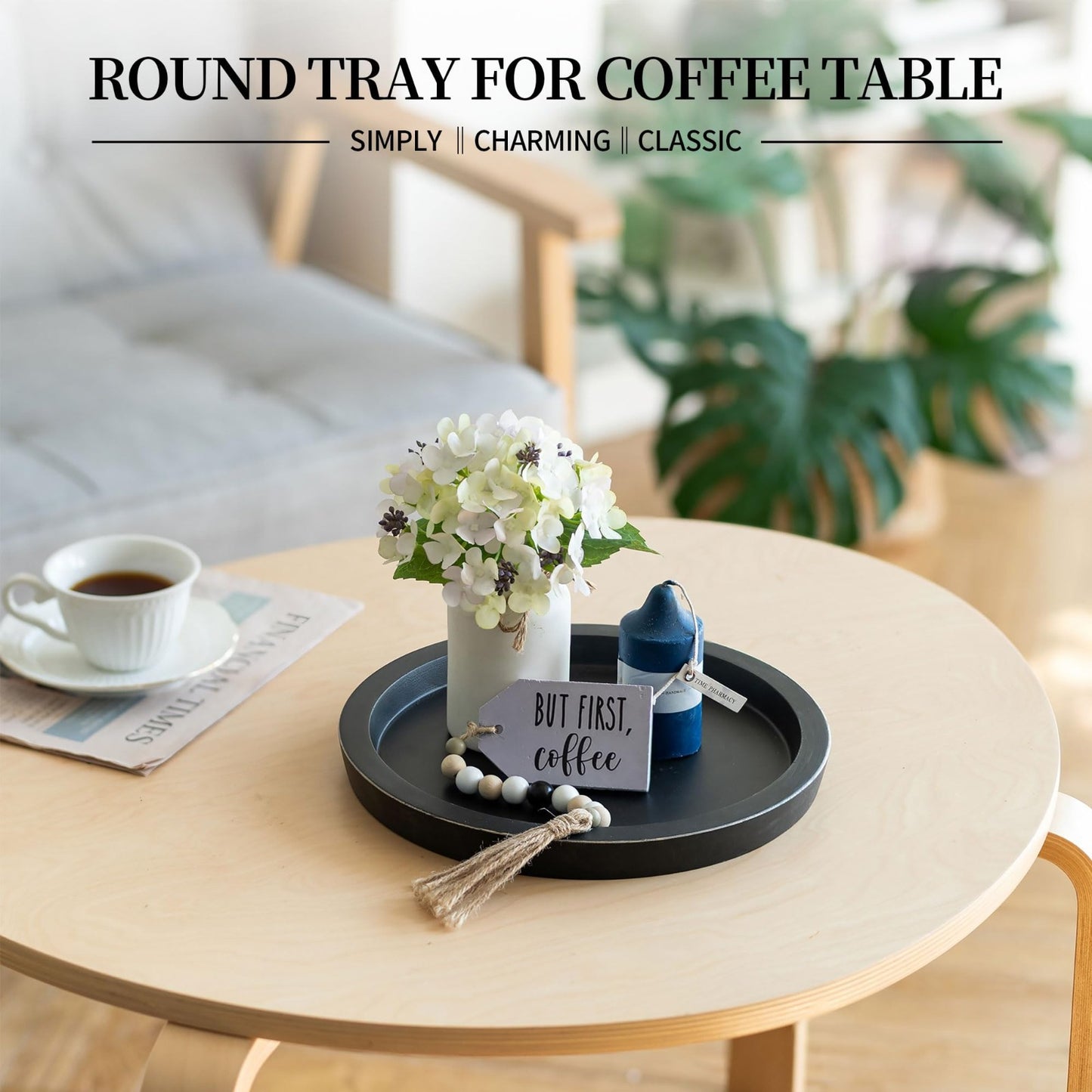 Round Black Wooden Tray for Coffee Table - Vintage Candle Holder Plate, Rustic D3