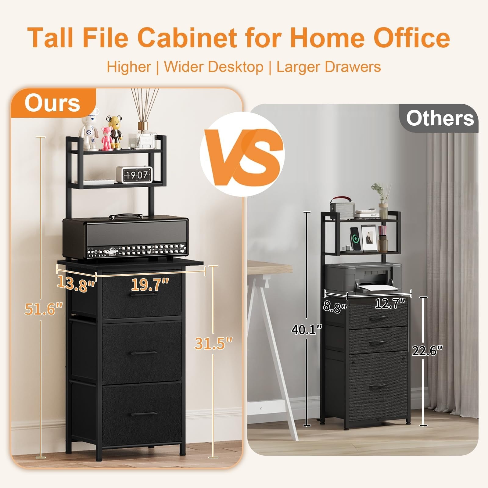 3 Drawer Tall File Cabinet with Extended Desktop, Vertical Filing Storage for Ho6