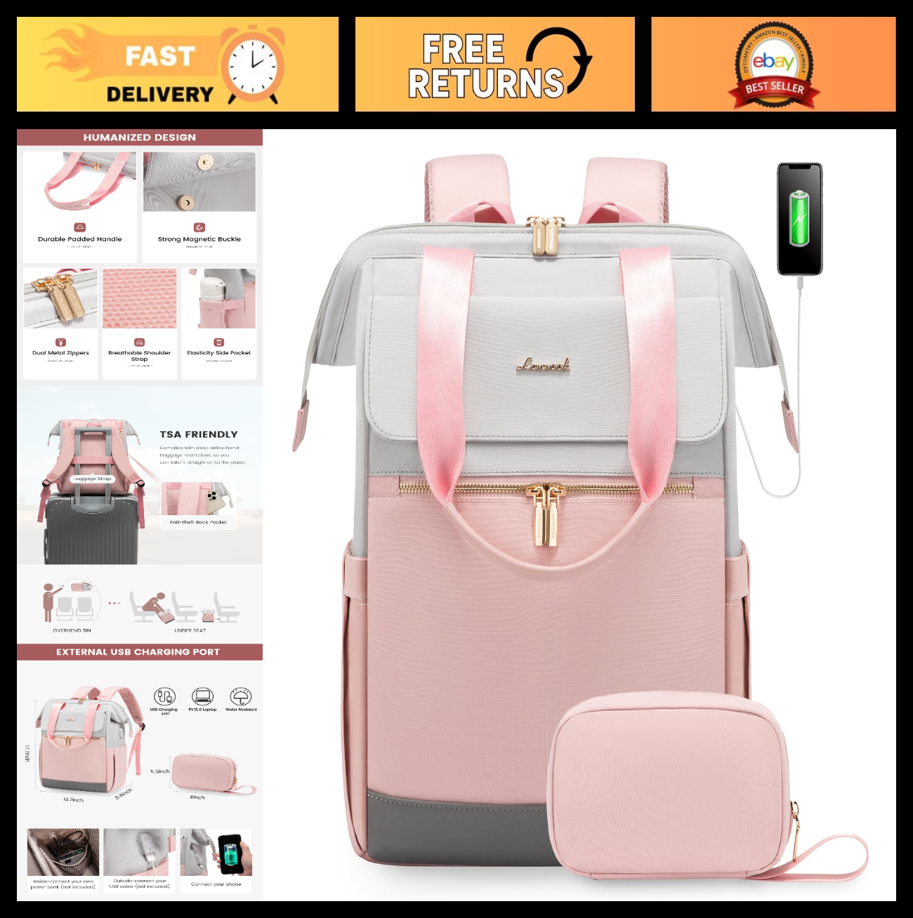 Stylish 15.6" Laptop Backpack for Women, Waterproof Travel Bag with USB Port, Or0