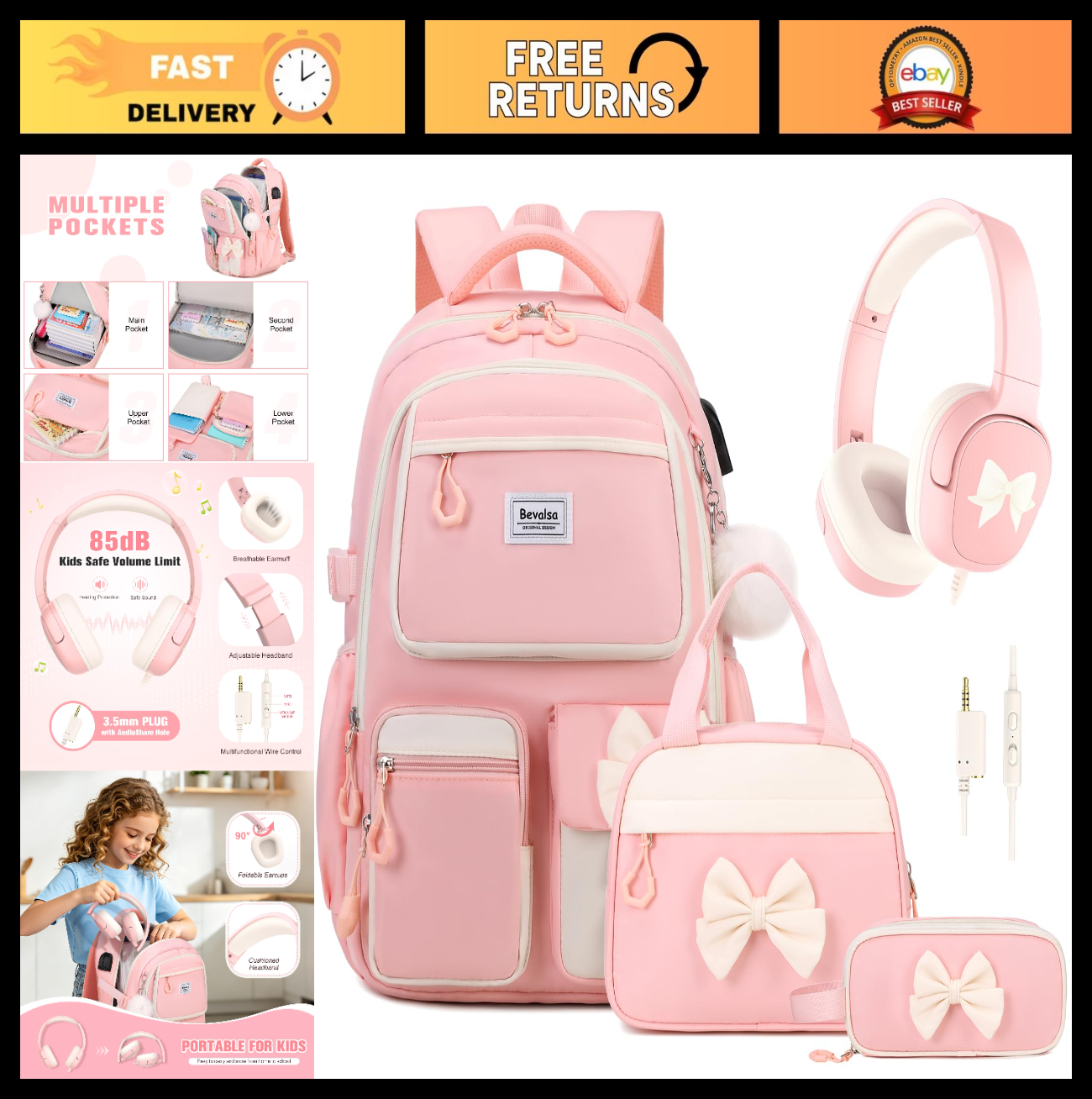Cute Bow Backpack for Girls   School Bag with Lunch Bag & Pencil Case, Stylish &0