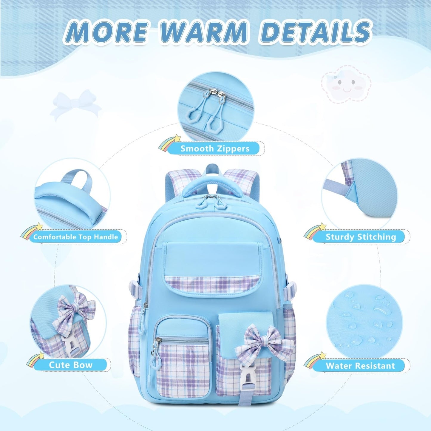 Stylish 3PCS Girls School Backpack Set, 17" Bow Plaid Bookbag for Kids3