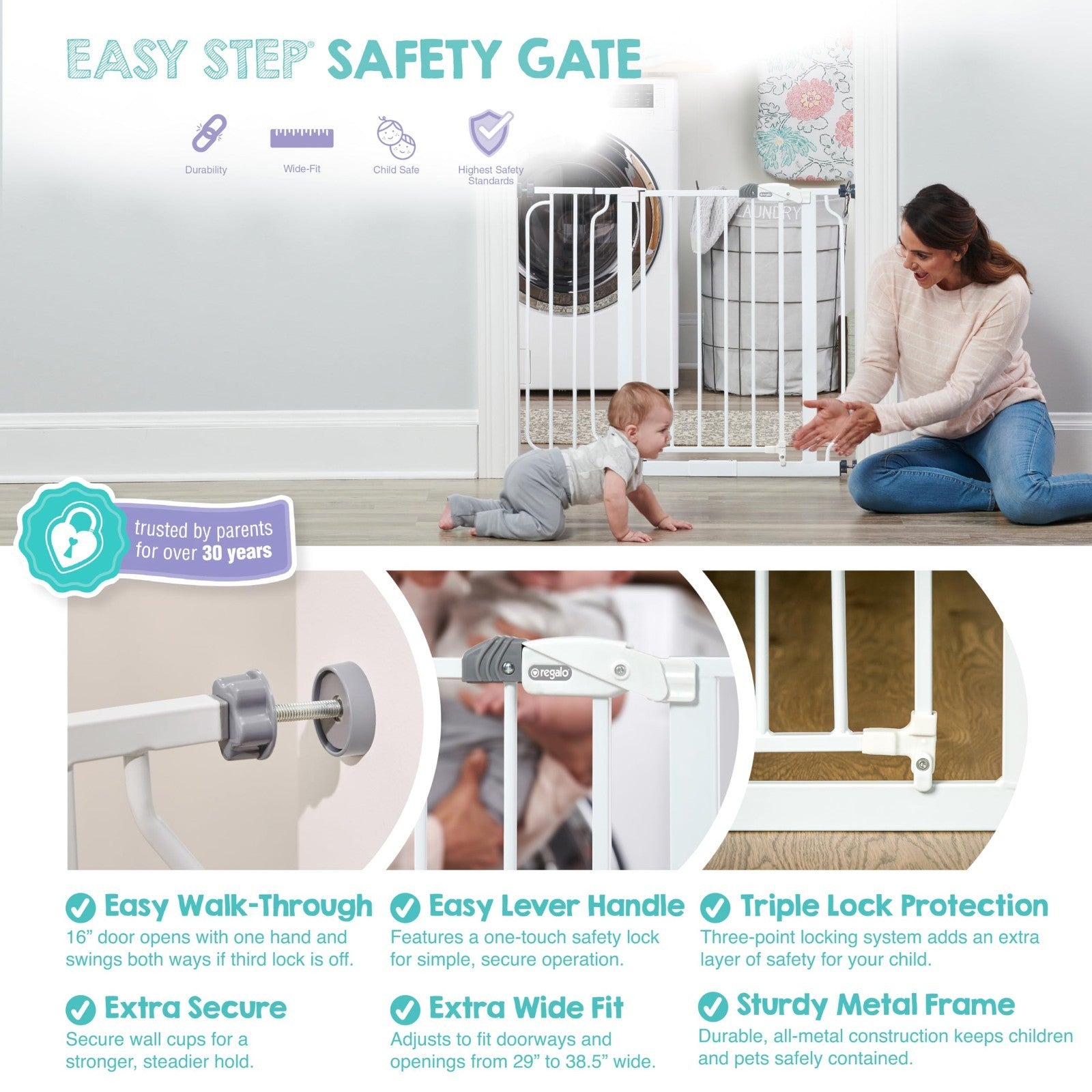 Adjustable 29" 38.5" Baby Gate for Stairs & Doorways   Easy Step Safety Barrier3