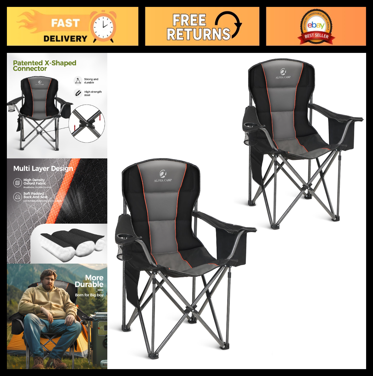 Oversized Padded Camping Chair with Lumbar Support, 500 LBS Capacity, Cooler Bag0