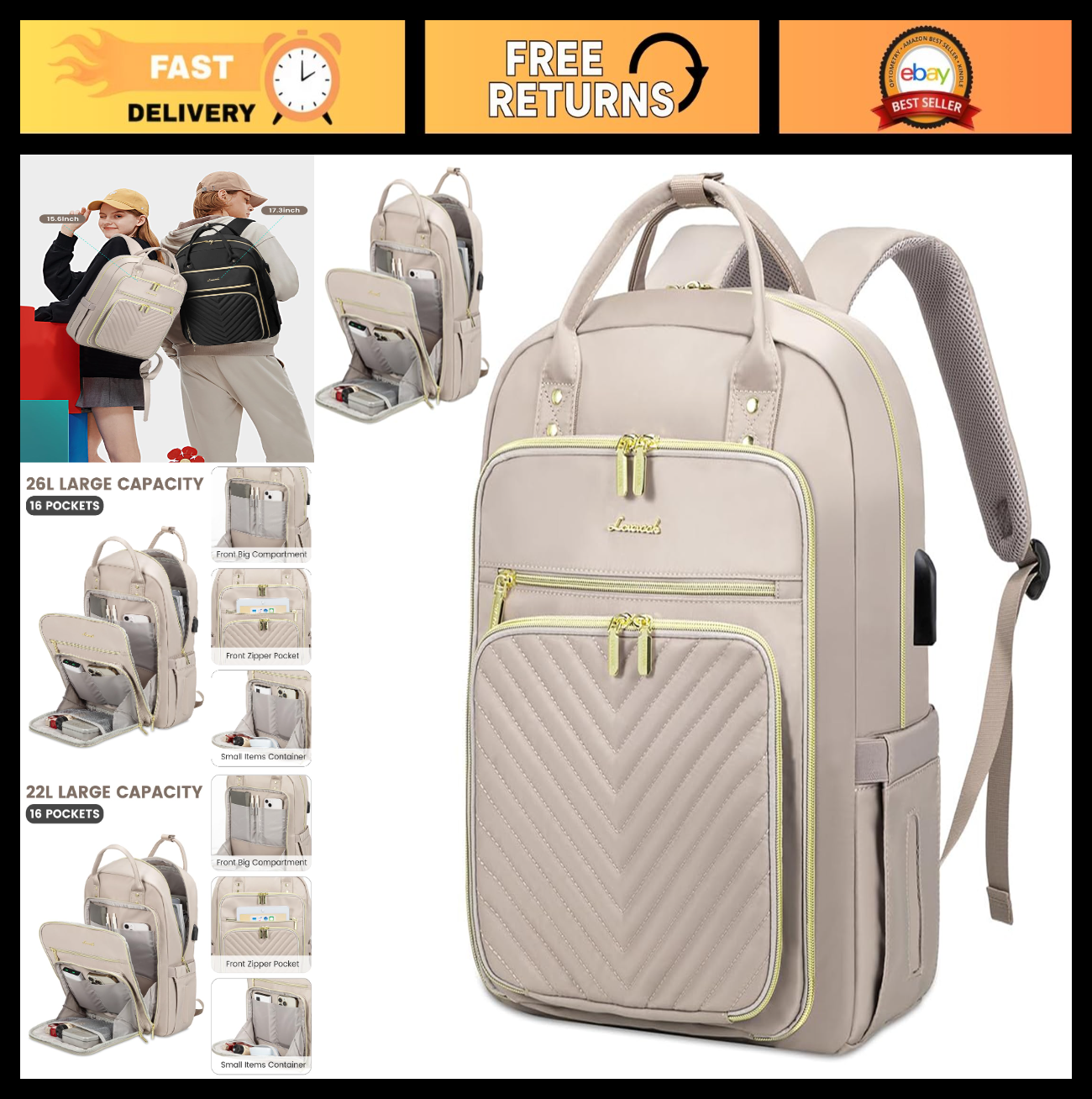Stylish Water Resistant Laptop Backpack for Women, USB Charging, Travel Work Bag0