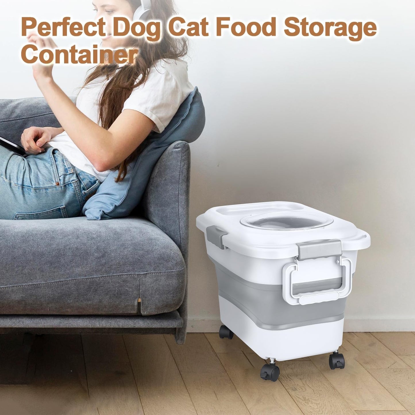 Airtight Dog Cat Food Storage Container 10 20 lbs with Wheels & Handle   Collaps6