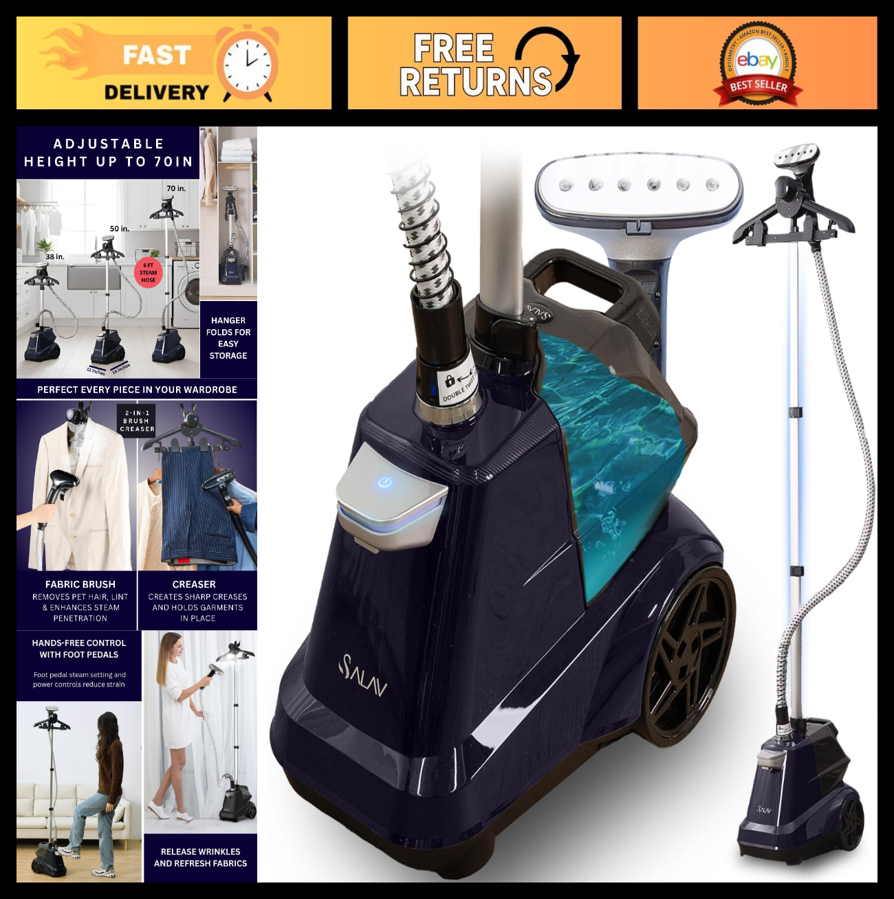 Heavy Duty Commercial Garment Steamer, 1800W, 3L Water Tank, Foot Pedals, Navy0