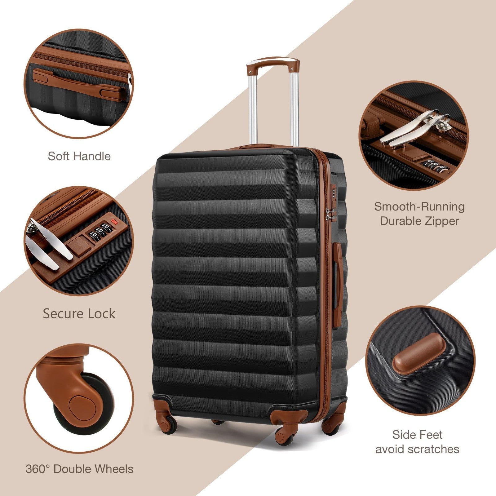 3 Piece Luggage Set - 20" 24" 28" ABS Hardshell Suitcases with Spinner Wheels &4