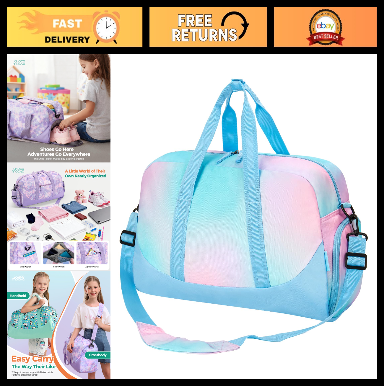 Girls Blue Duffle Bag for Kids, Large Overnight Travel Bag with Shoe Compartment0
