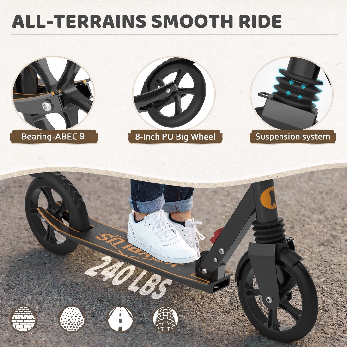 Kick Scooter for Kids, Teens & Adults - 8" Big Wheels, 240lb Weight Capacity3