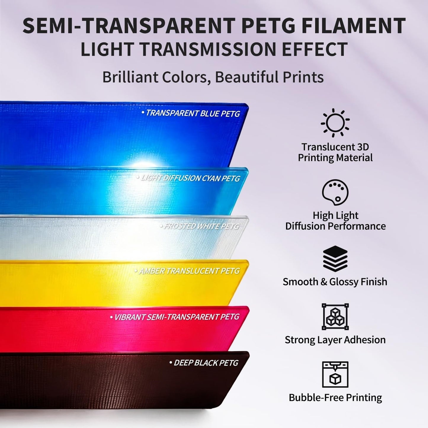 Translucent PETG Filament 1.75mm 6-Color Bundle 6kg for 3D Printing & Art Models3