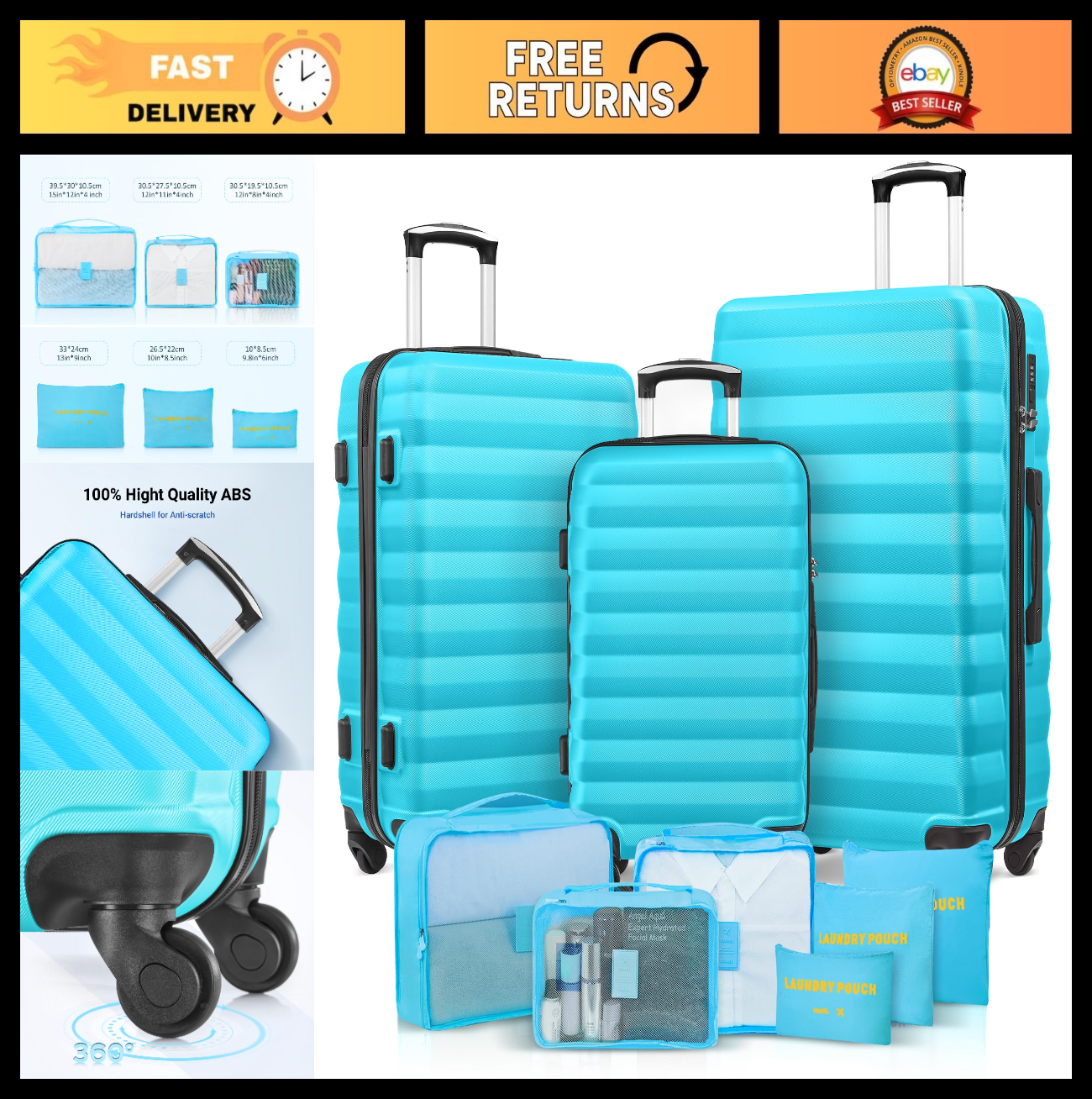 3 Piece Hardshell Luggage Set with Spinner Wheels & 6 Packing Bags - 20/24/280