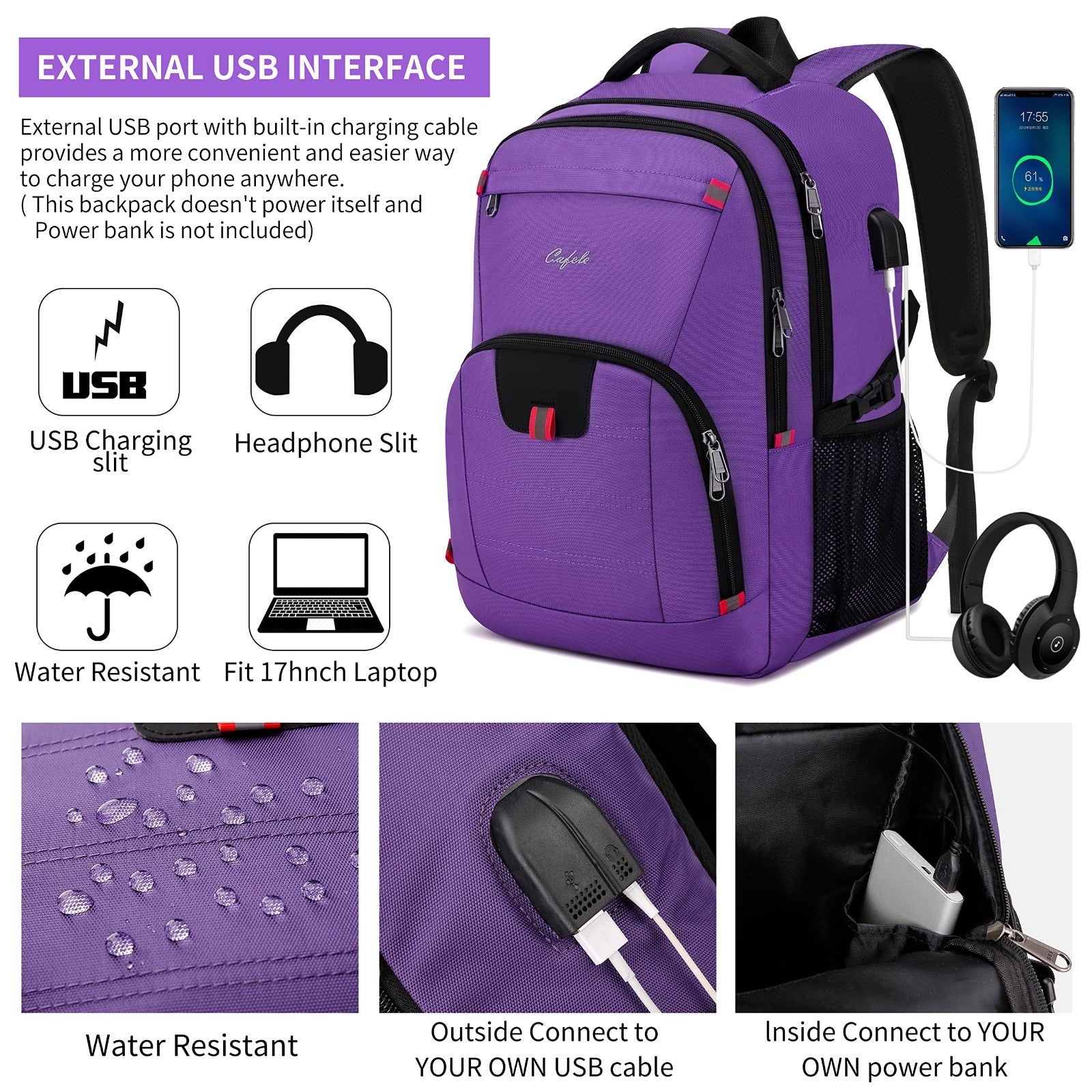 Extra Large 17.3" Travel Laptop Backpack, USB Charging, Water Resistant, School3
