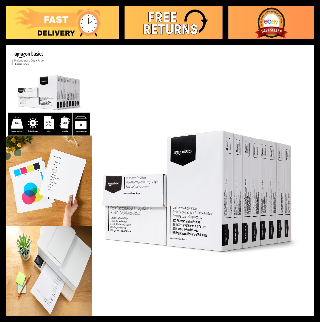 Multipurpose Copy Printer Paper, 20 lb, 8.5x11", 4000 Sheets, Bright White, Inkj0