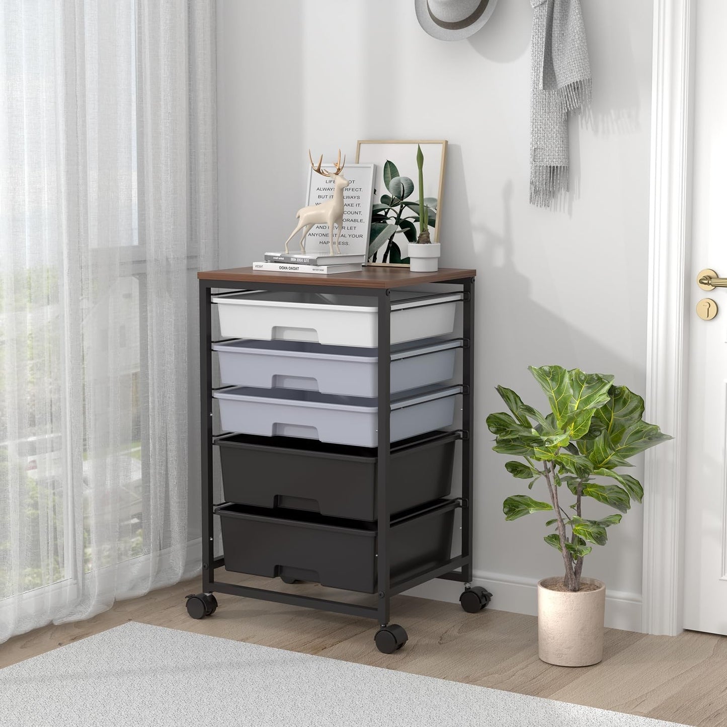 5 Drawer Utility Cart with Wooden Top, Lockable Wheels, Rolling Storage Trolley,7