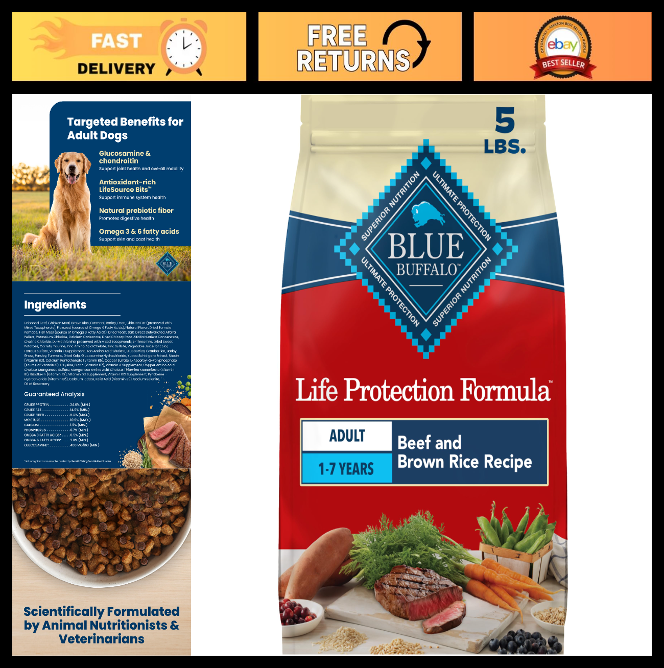 Premium Beef Dry Dog Food for Adults, 5 lb   Life Protection Formula, Healthy Nu0
