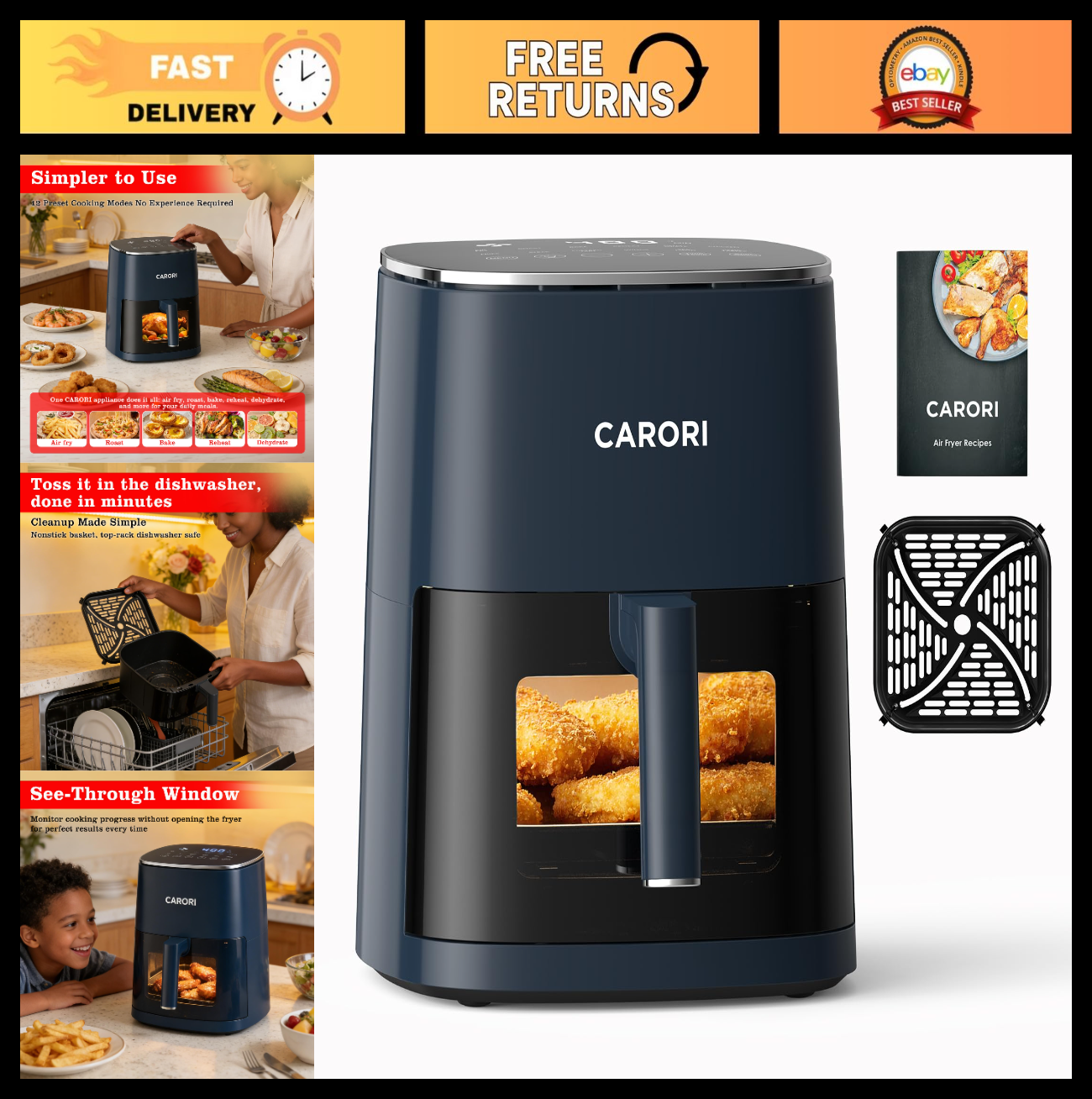 6Qt Air Fryer with Viewing Window, 12 Cooking Presets, 1700W, Nonstick Basket0