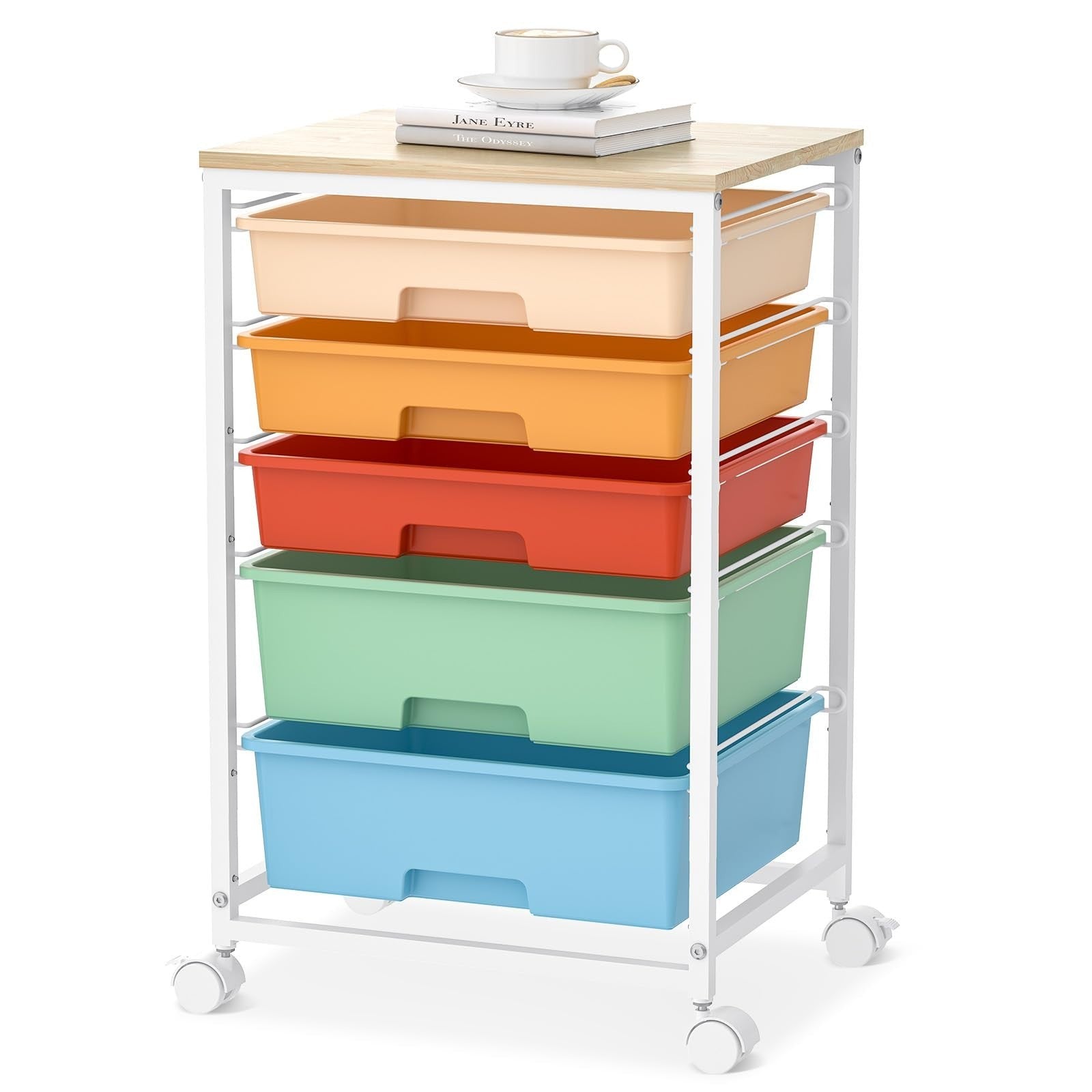 5 Drawer Utility Cart with Wooden Top, Lockable Wheels, Rolling Craft Organizer0