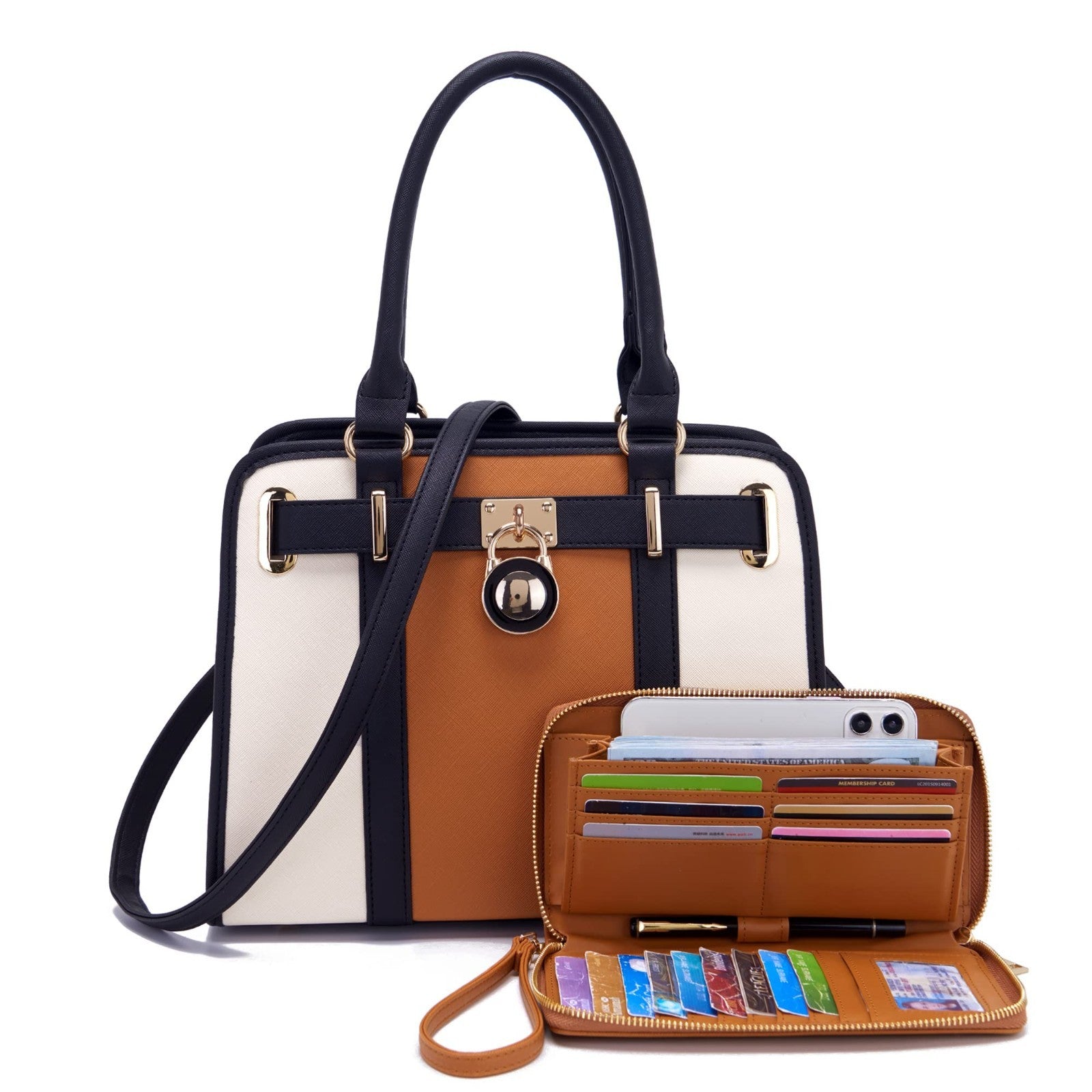 Stylish Structured Satchel Tote Handbag Set for Women with RFID Wallet - Fashion8