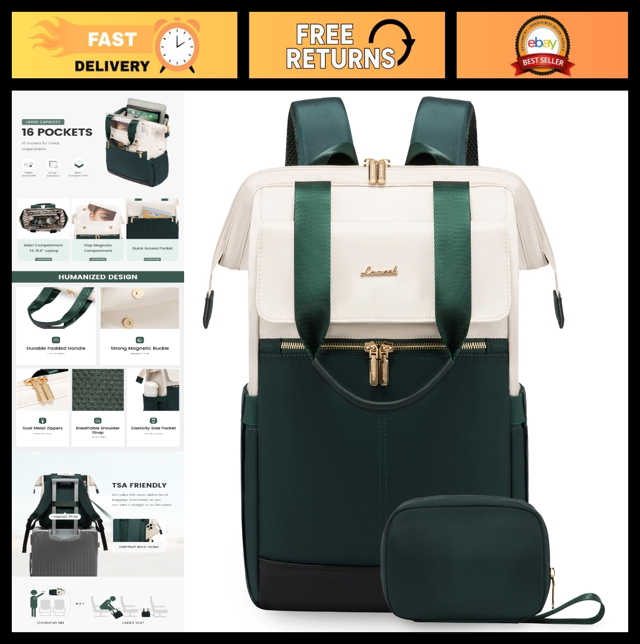 Stylish 15.6" Laptop Backpack for Women, USB Port, Waterproof Travel Bag, 2PCS0