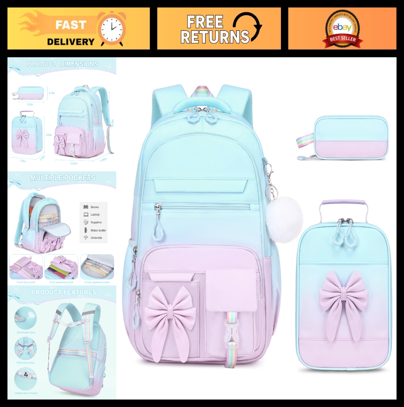 Cute Girls Backpack Set with Lunch Bag & Pencil Case   Stylish School Bag for Ki0