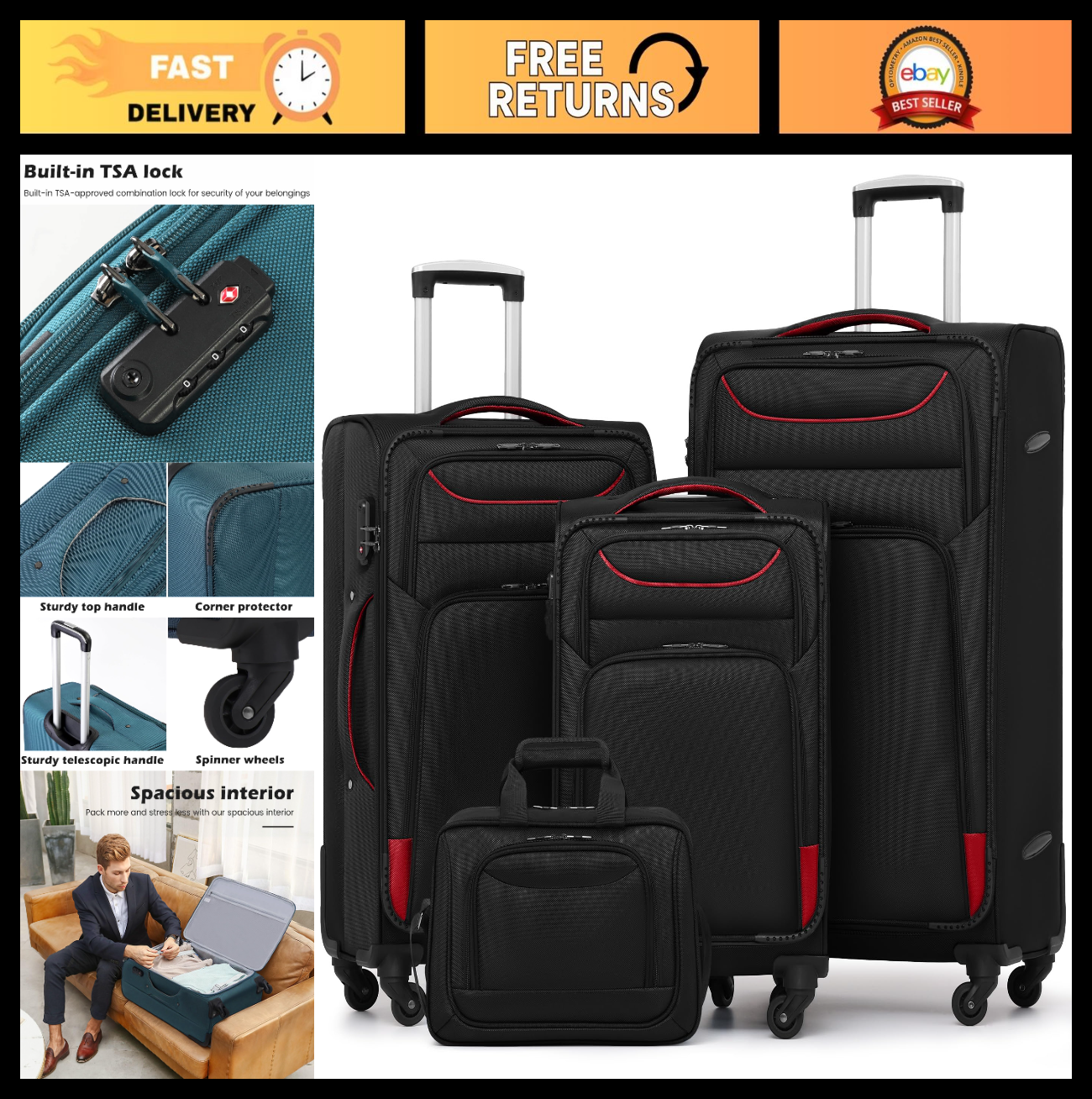 4-Piece Softshell Luggage Set with TSA Lock, Spinner Wheels & Tote Bag - Durable0