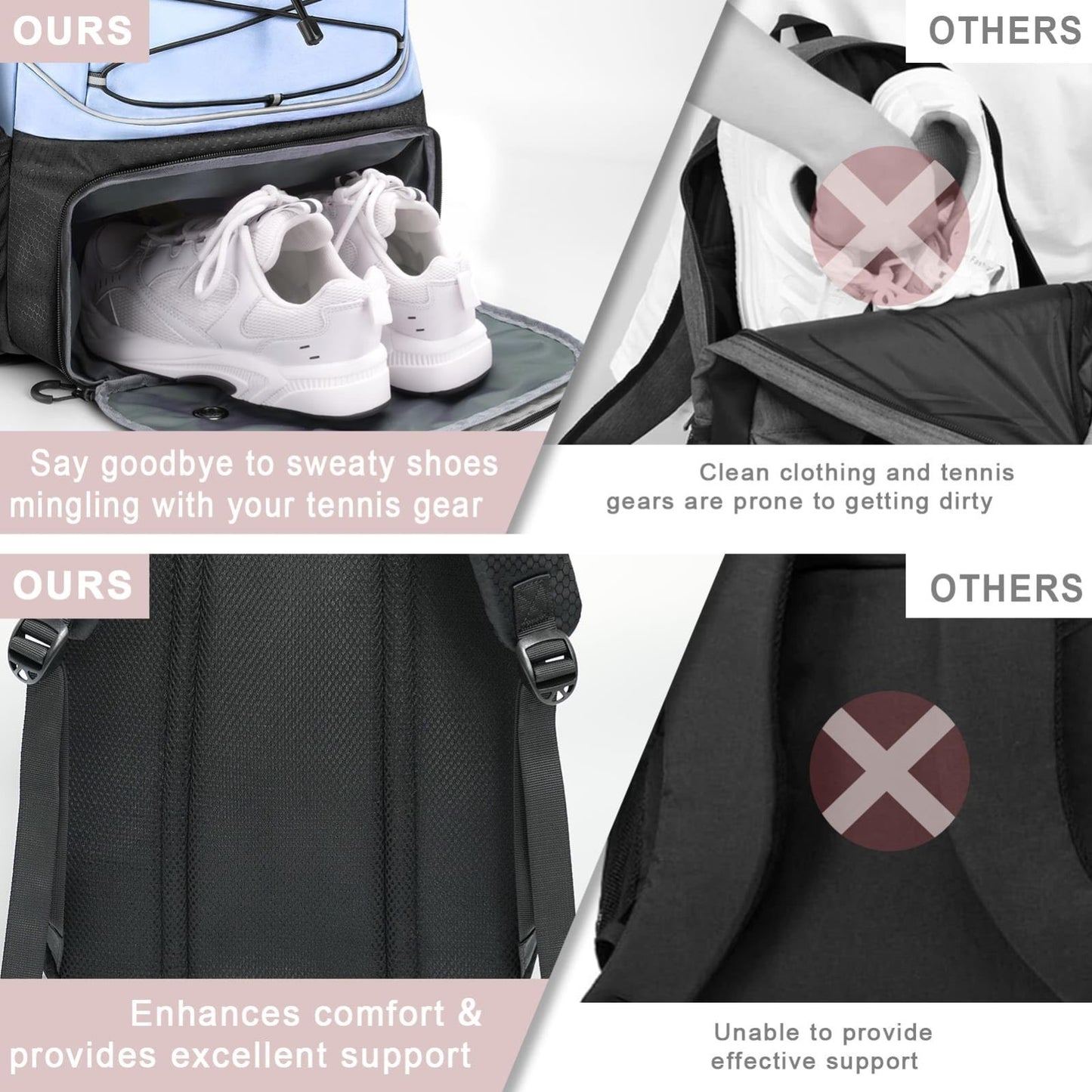 Tennis Bag for 2 Rackets, Women's Professional Backpack with Ventilated Shoe Com5
