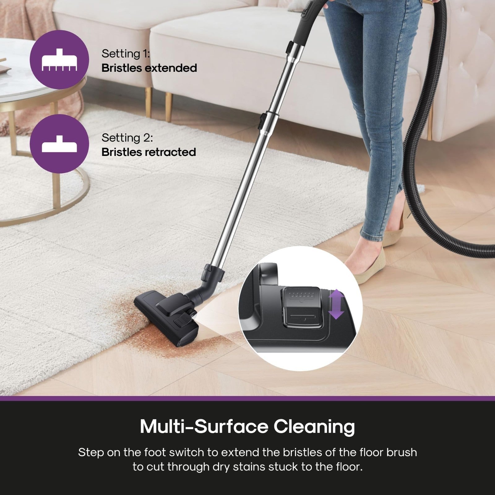 Lightweight Bagless Canister Vacuum Cleaner, 1200W, HEPA, Auto Cord Rewind, 2-in6