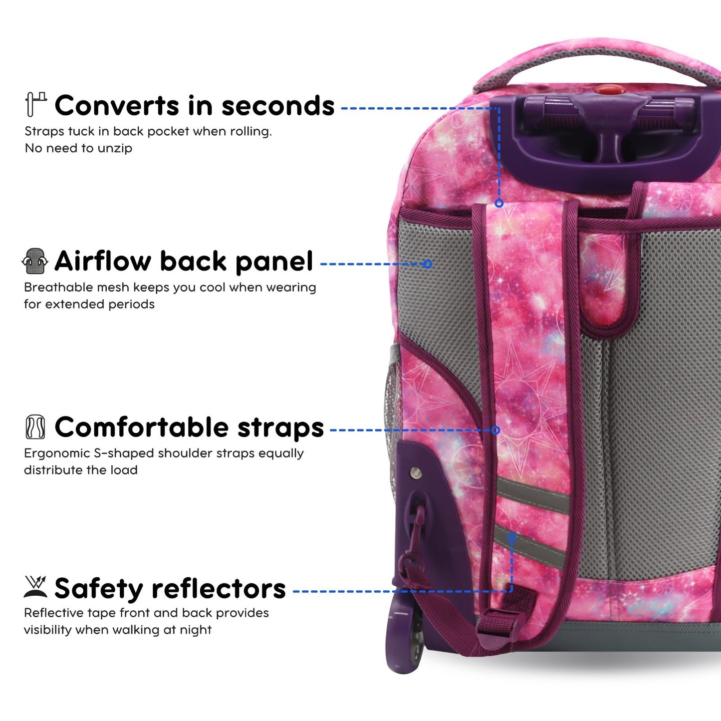 Kids Rolling Backpack with Wheels, 18" School Bookbag for Girls & Boys, Purple G5