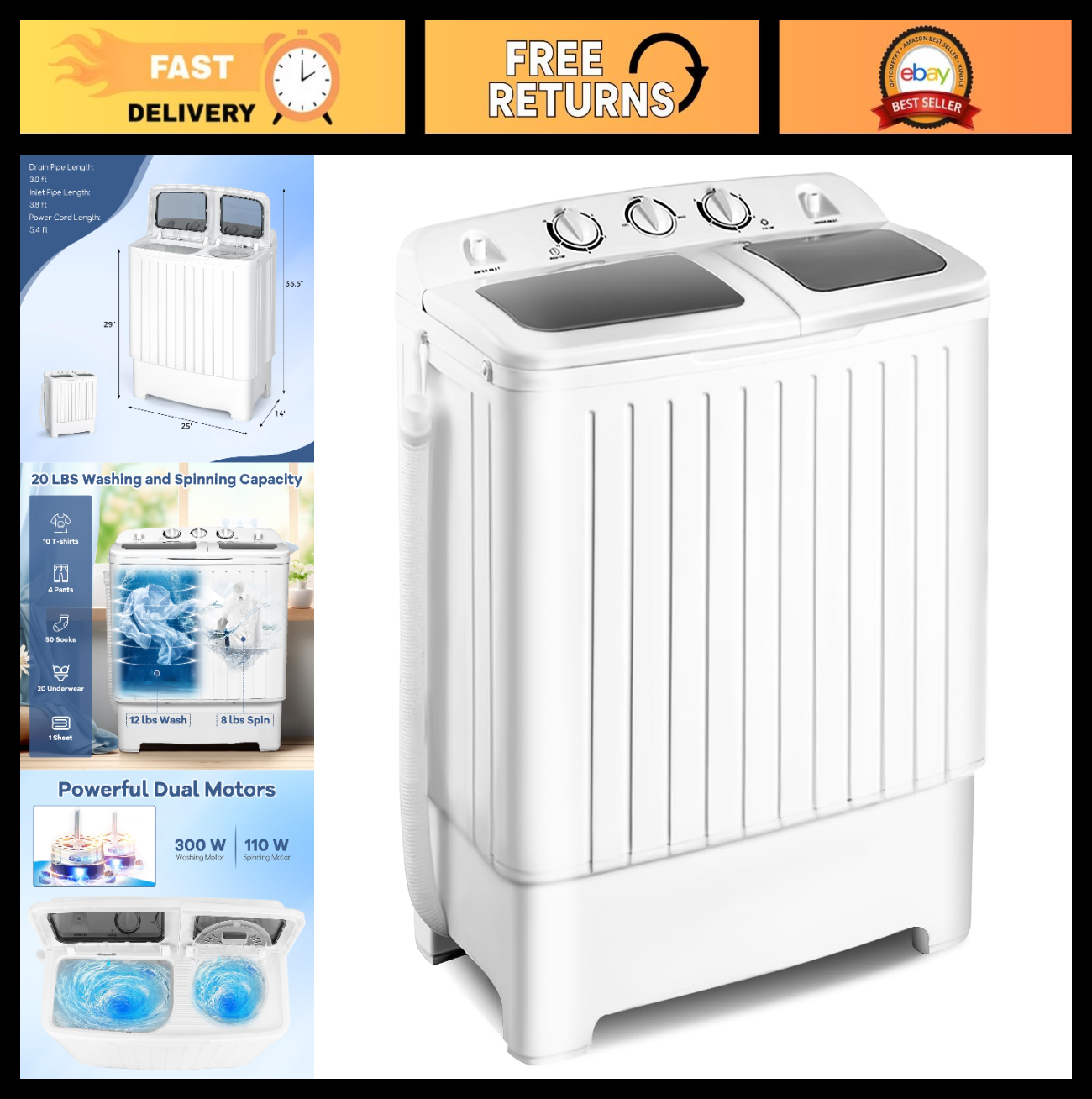 Portable Washing Machine 20lbs Twin Tub Washer & Spinner Combo Mini Compact for0