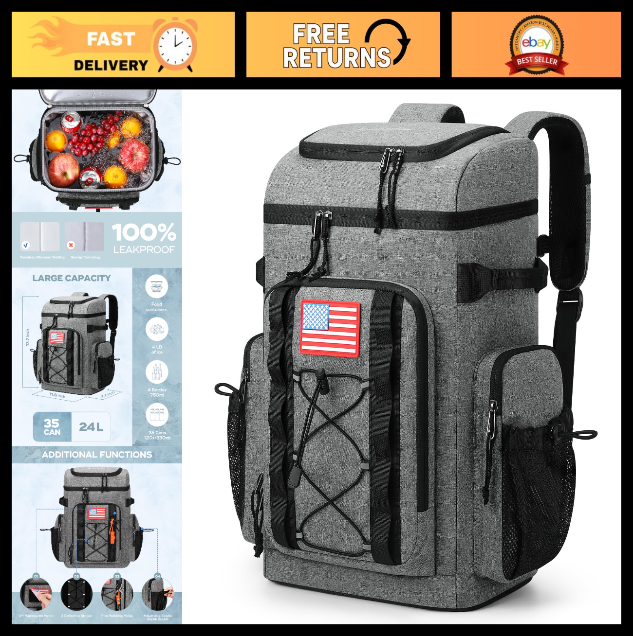 Insulated Backpack Cooler - 35/50 Can, Leakproof Soft Bag, Keeps Food Cold 16H,0