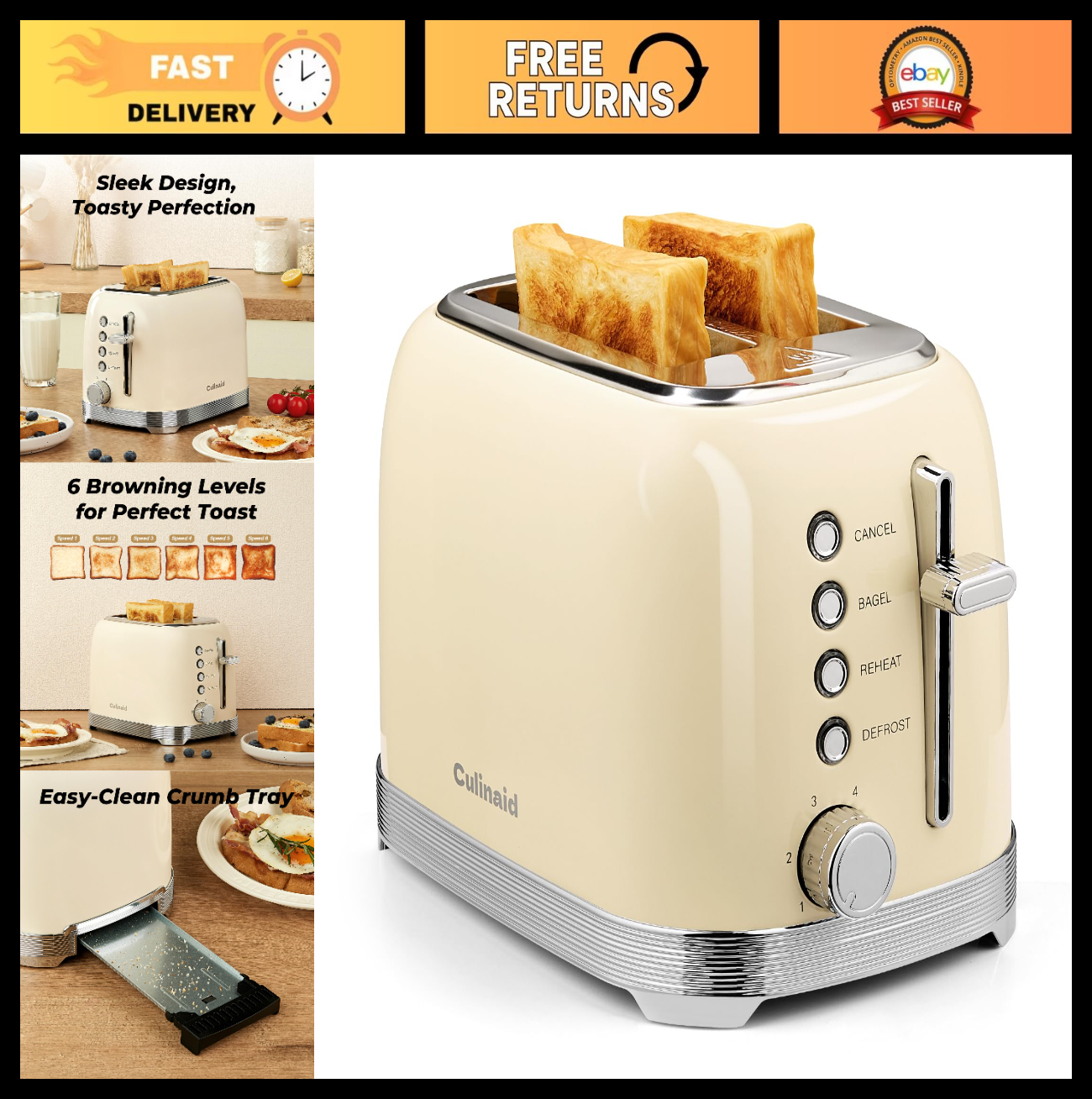 Retro 2 Slice Stainless Steel Toaster in Cream White, Compact Design, Easy Clean0
