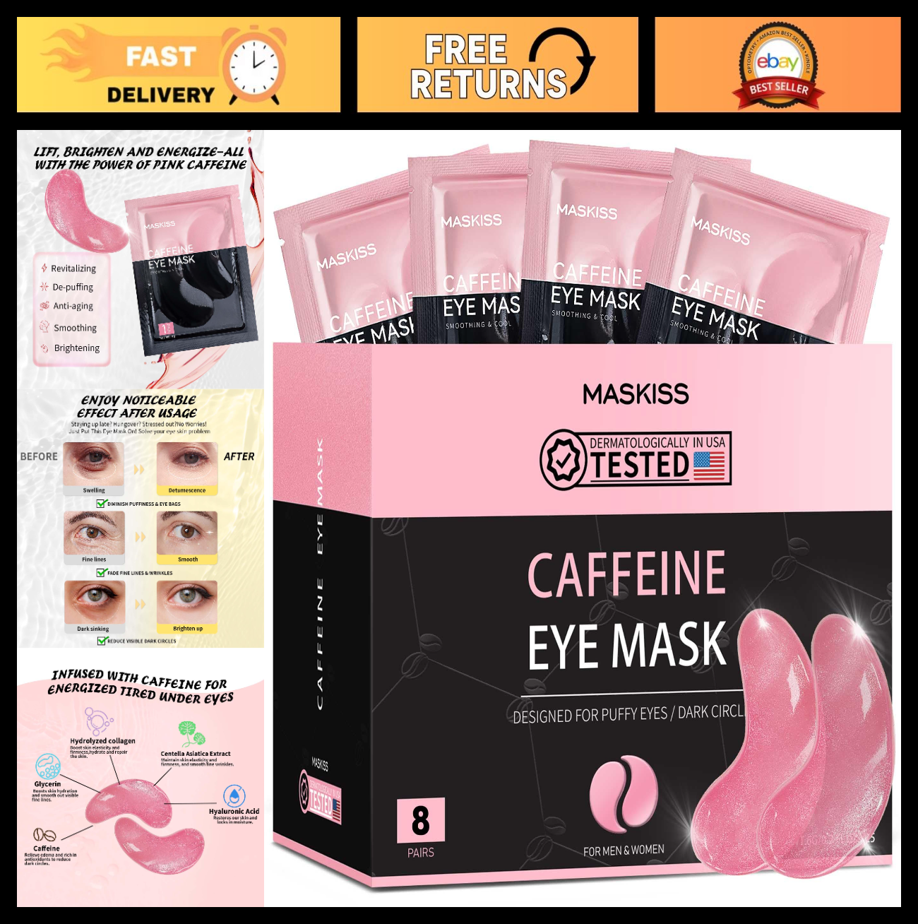 Caffeine Under Eye Patches (8 Pairs) for Dark Circles, Puffiness & Wrinkles - Sk0
