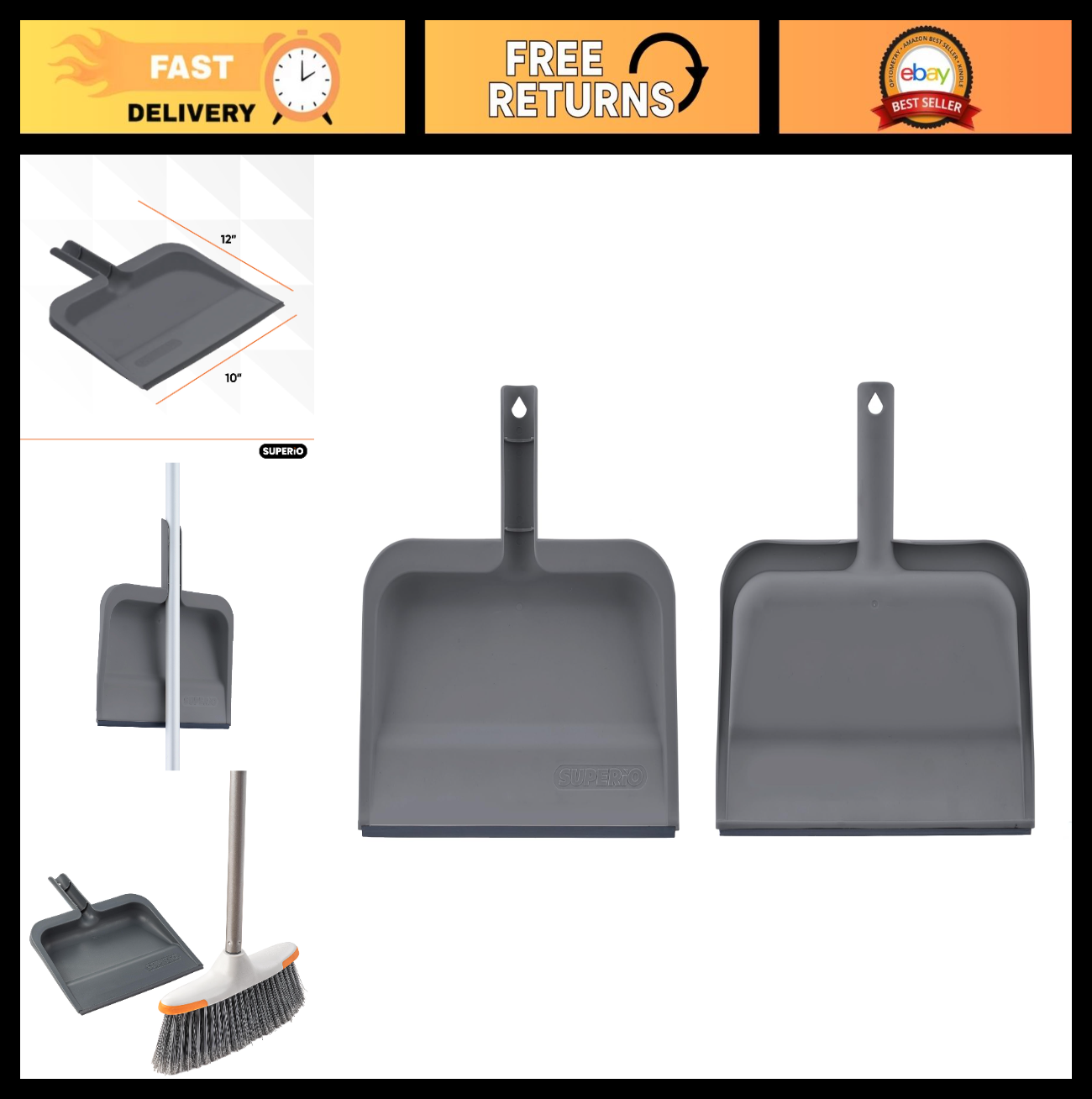 Clip-On Dustpan with Rubber Lip - 10" Wide Durable Plastic, Comfort Grip Handle,0