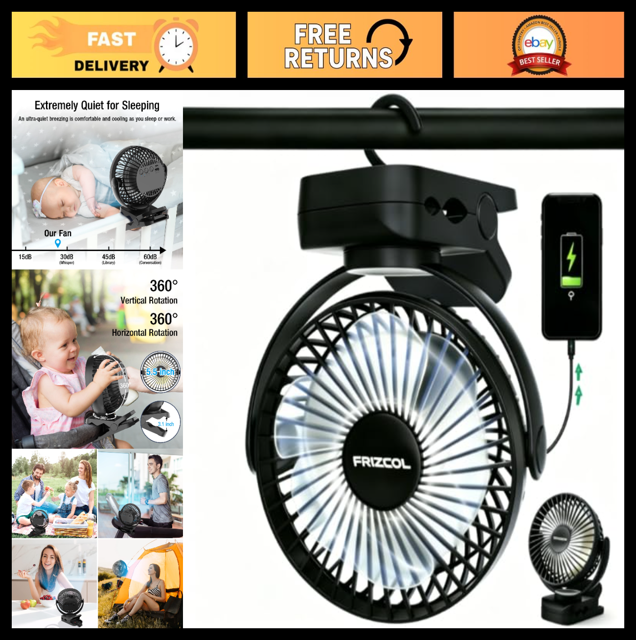 Portable Clip On Fan with 12000mAh Battery, LED Lights, Rechargeable, Ideal for0