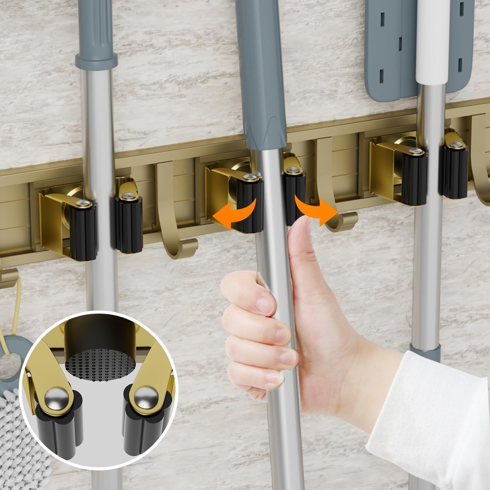 Wall Mount Broom Holder & Mop Hanger Organizer - 4 Racks & 5 Hooks Storage Solut5