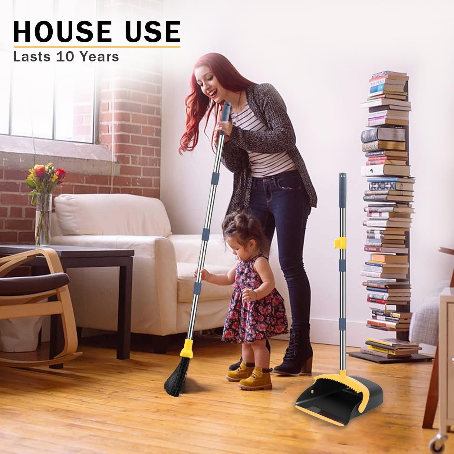 2-Pack Broom and Dustpan Set, 52" Long Handle, Self-Cleaning Teeth, Indoor/Outdo5