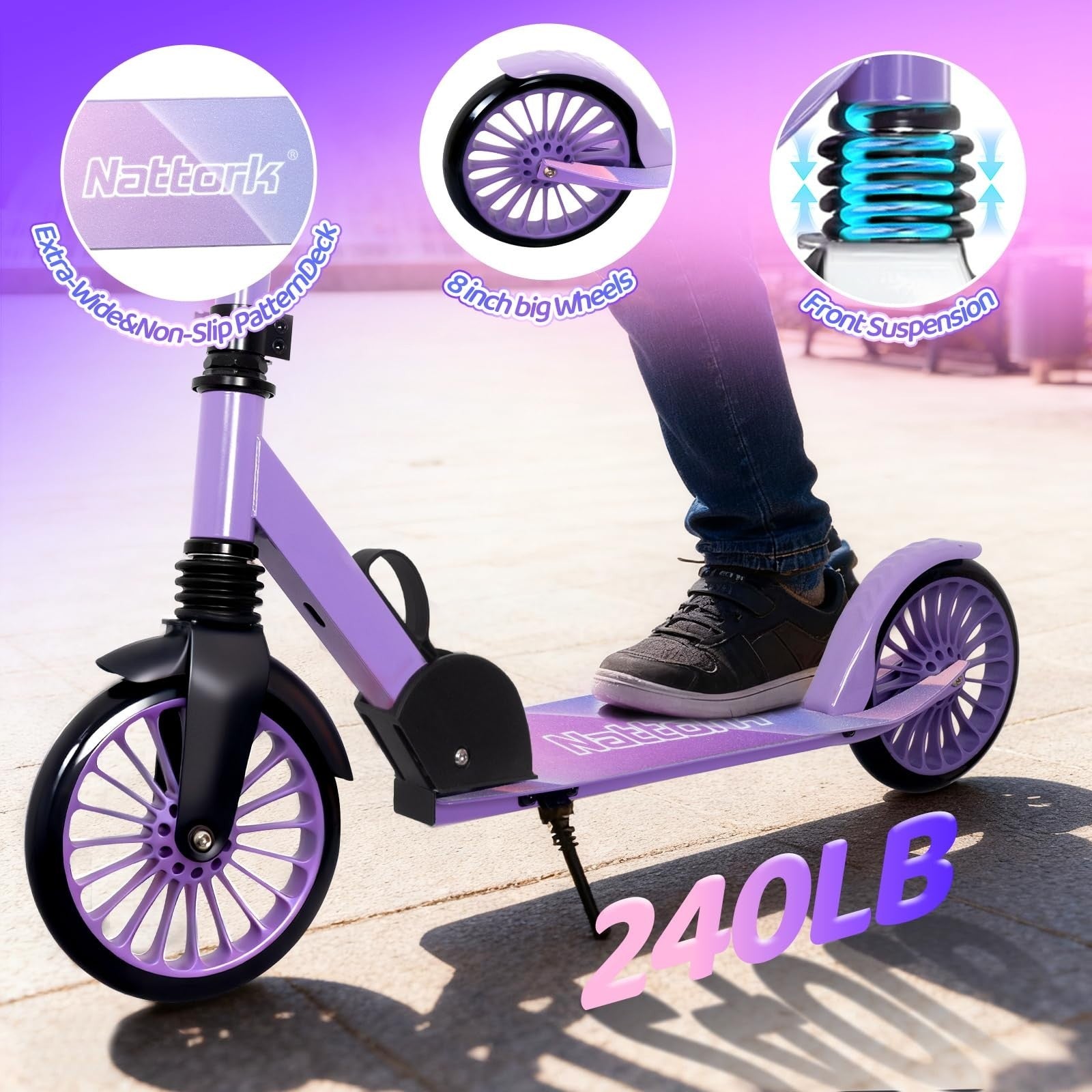 Adjustable Height Kick Scooter for Kids & Adults, 240 LBS Max Load, Foldable, 8"2