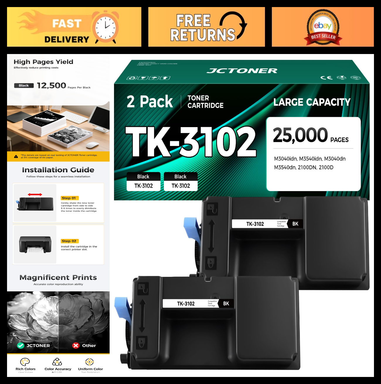 High Yield Black Toner Cartridge 2-Pack Compatible for Kyocera FS-2100 M3040 Pri0