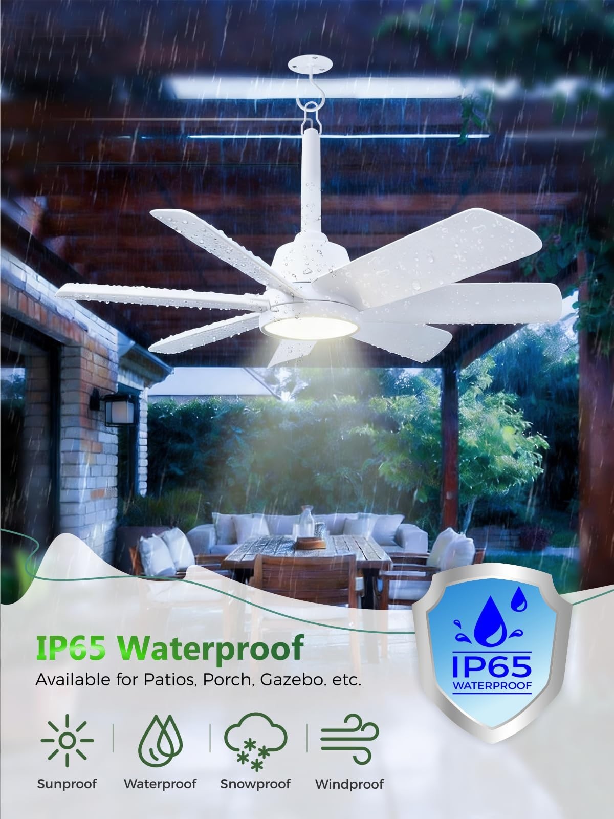 28" Outdoor Ceiling Fan with Light & Remote   Waterproof, Dimmable, 6 Speed, Por4