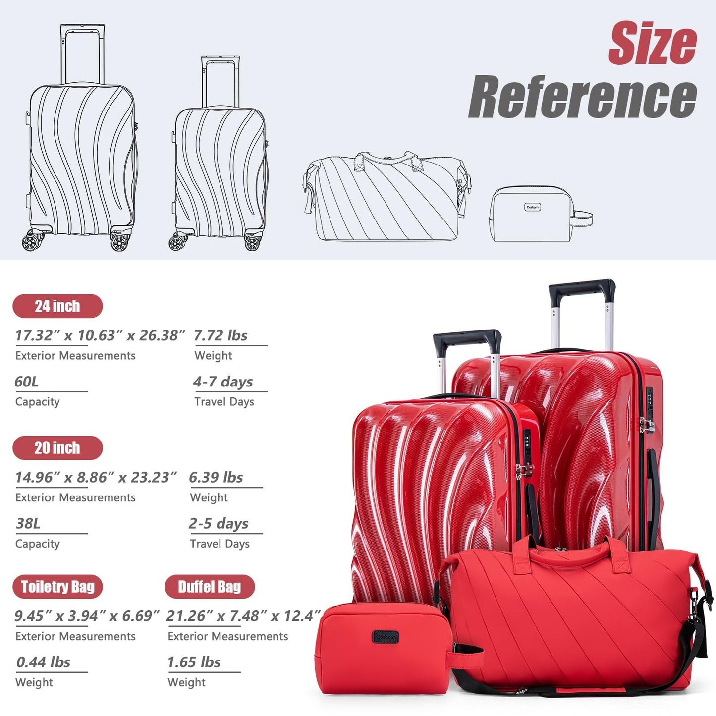 3 Piece Hardshell Luggage Set with Wheels, Lightweight Carry-On Suitcases, TSA L6