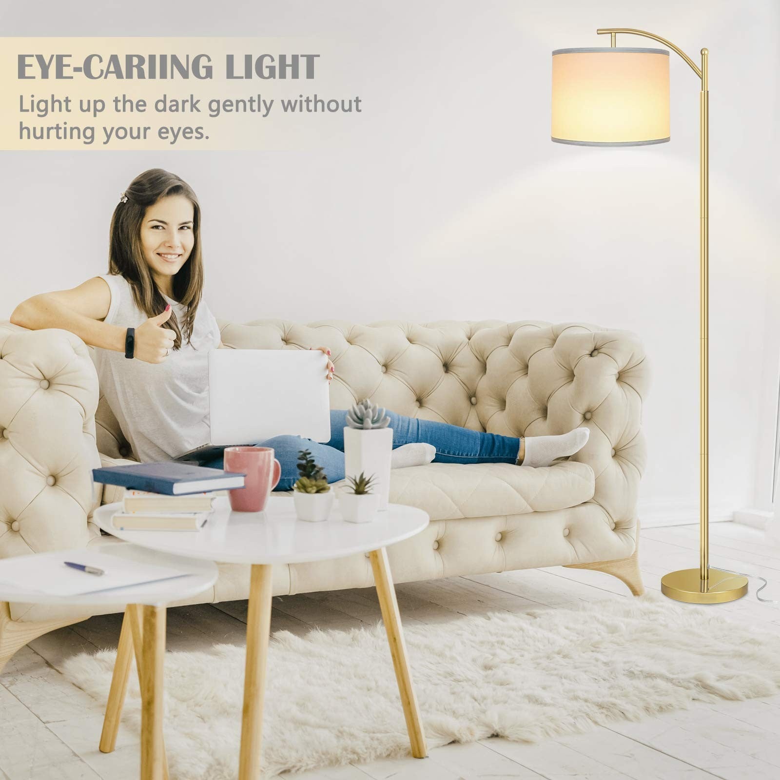 Tall Industrial Floor Lamp with 3 Color Temperatures, LED Bulb & White Shade3