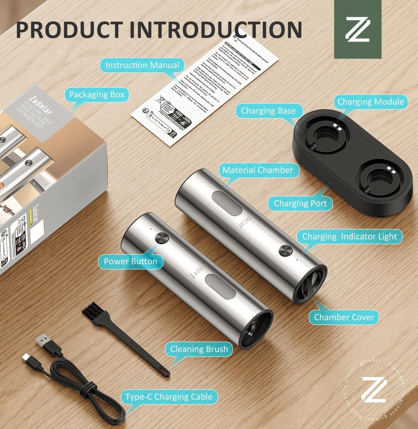 Rechargeable Electric Salt & Pepper Grinder Set   USB C, Adjustable Coarseness,6