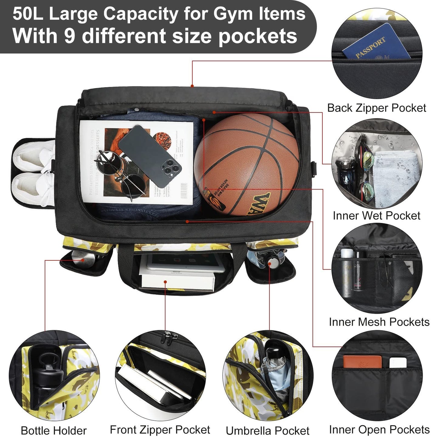 4-Way Gym Duffle Bag with Shoe Compartment & Wet Pocket - Versatile Sports Backp4